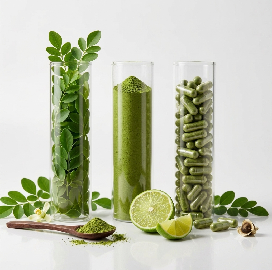 Moringa leaf, powder and capsules in three glasses